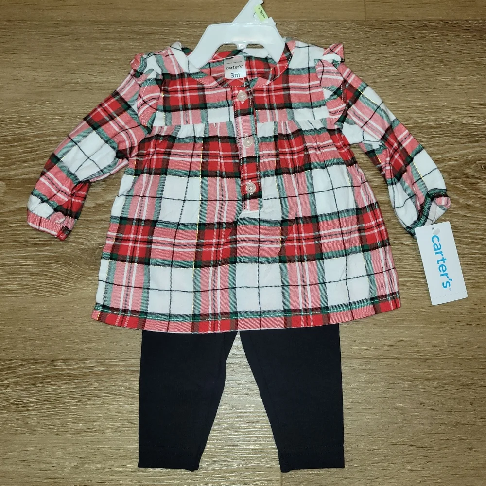 Carter's 2-Piece Set Girls Size 3 Months Tunic and Leggings Red Plaid Black New